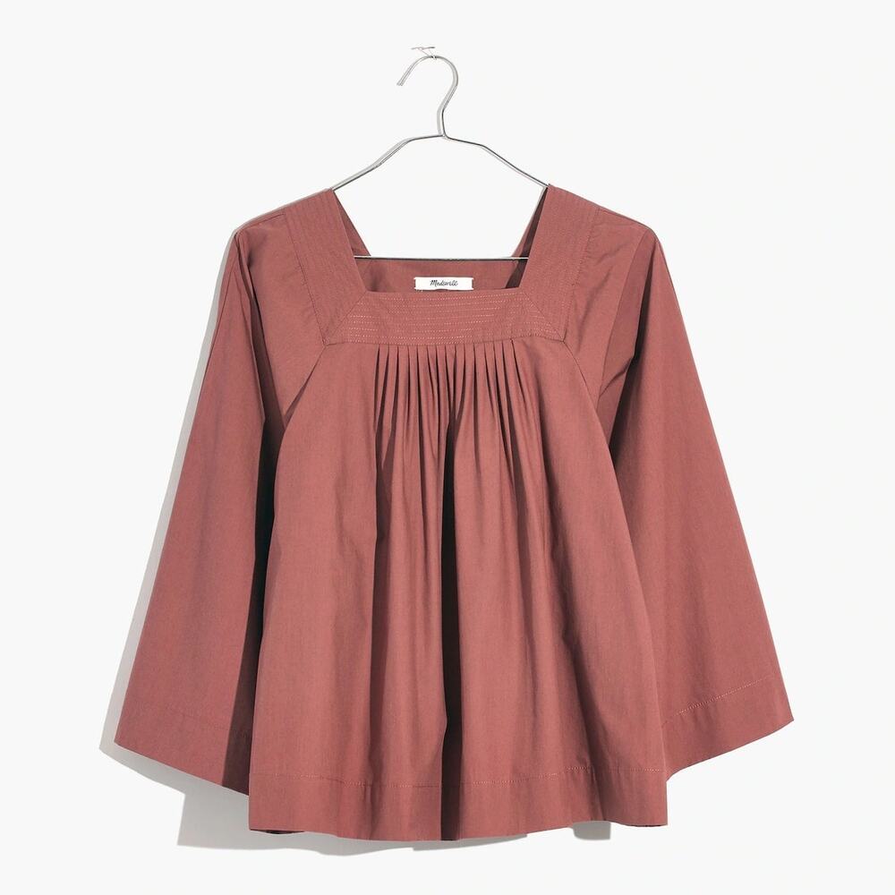 Madewell Square Neck Pleated Blouse Rust Cotton Women Long Sleeve Size XS